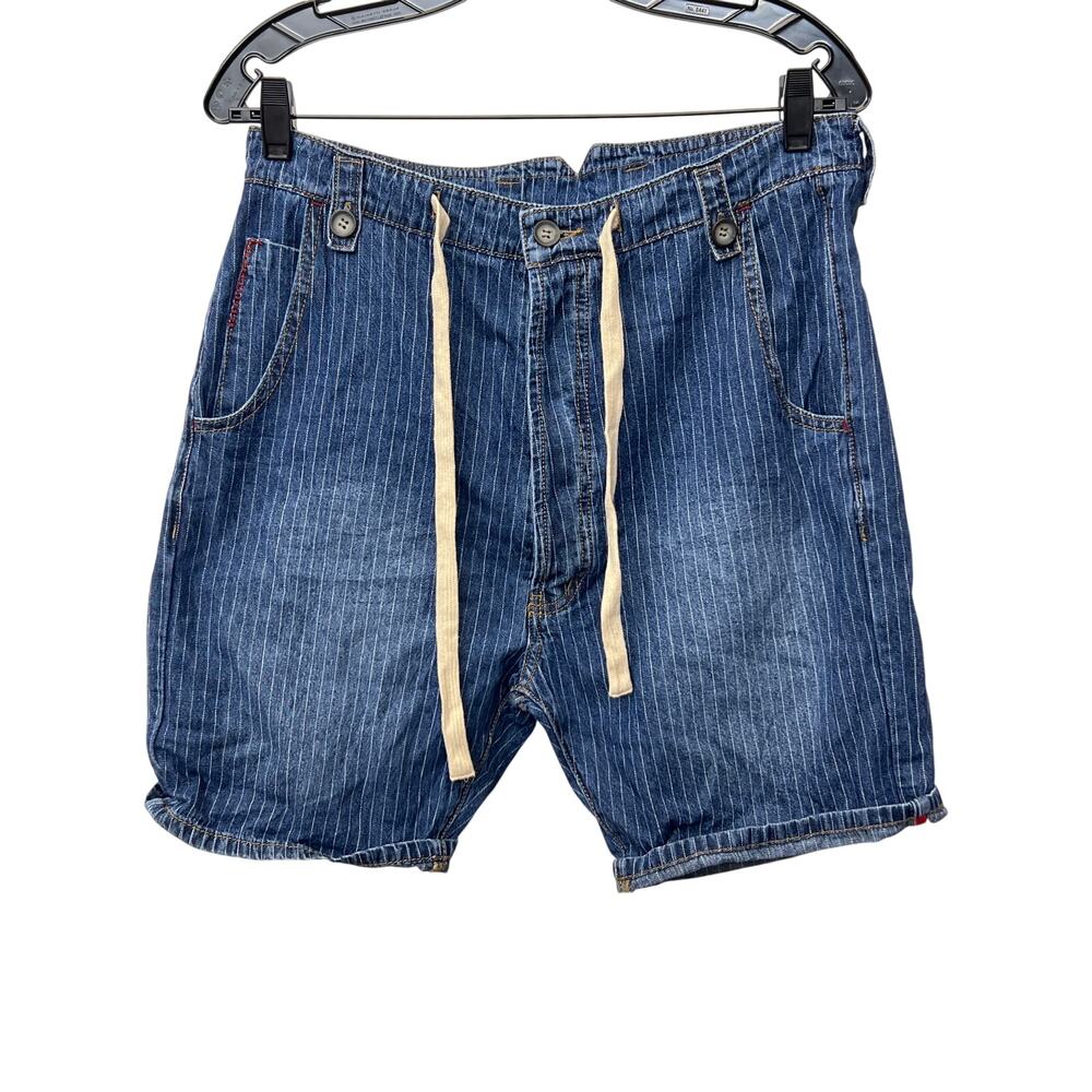 One Teaspoon Sz 32 Men’s Blue Denim Pinstriped Drawstring Jean Shorts Long Rise